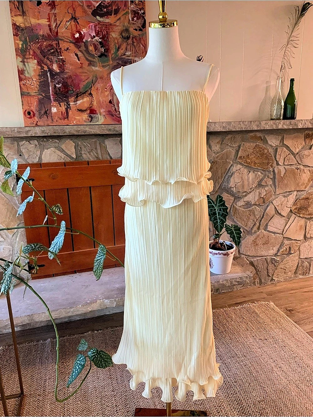 Commense Pleated Layered Ruffle Skirt Set Light Yellow Size Medium NWT